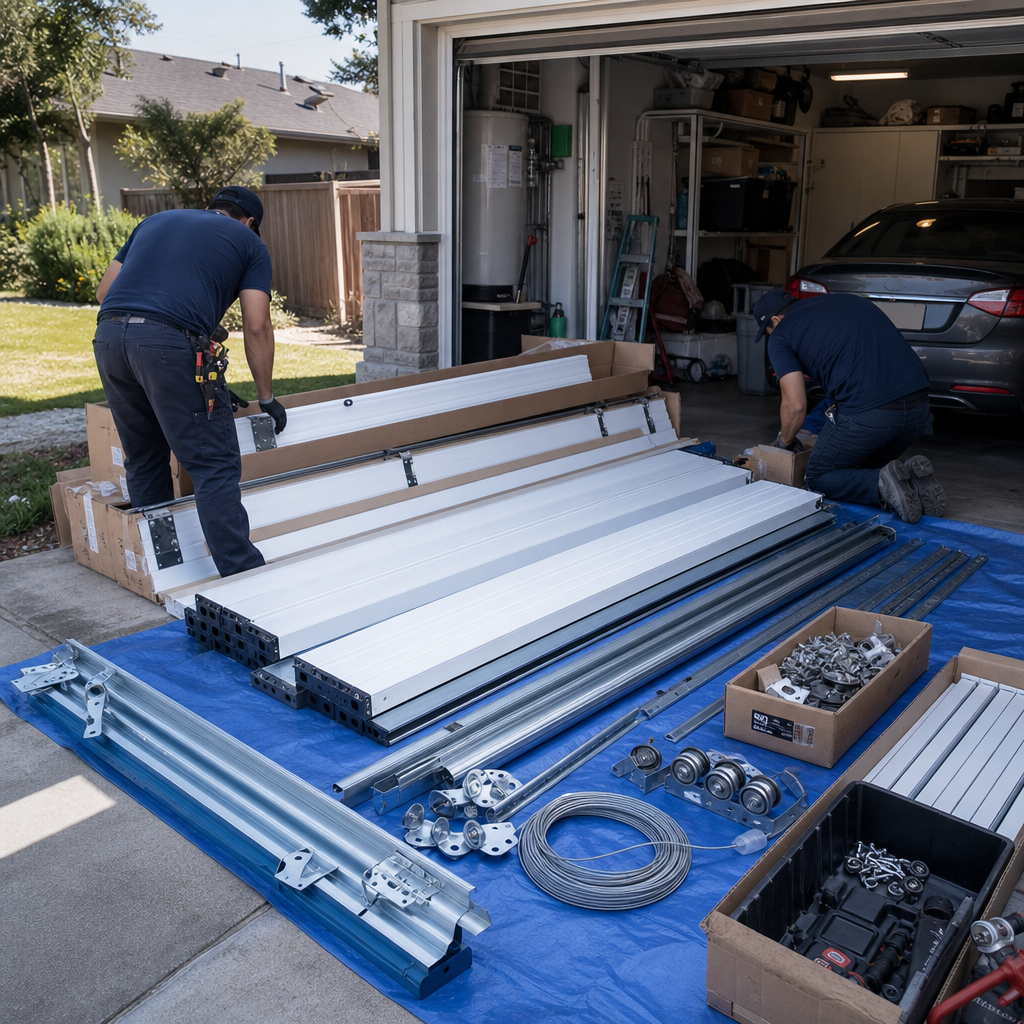 Technicians preparing parts for professional garage door installation service