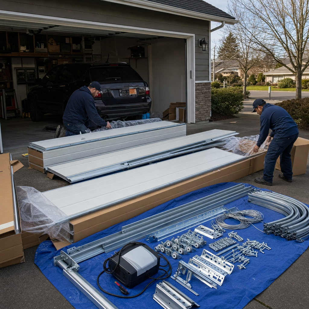 Two technicians organizing garage door installation parts on a driveway