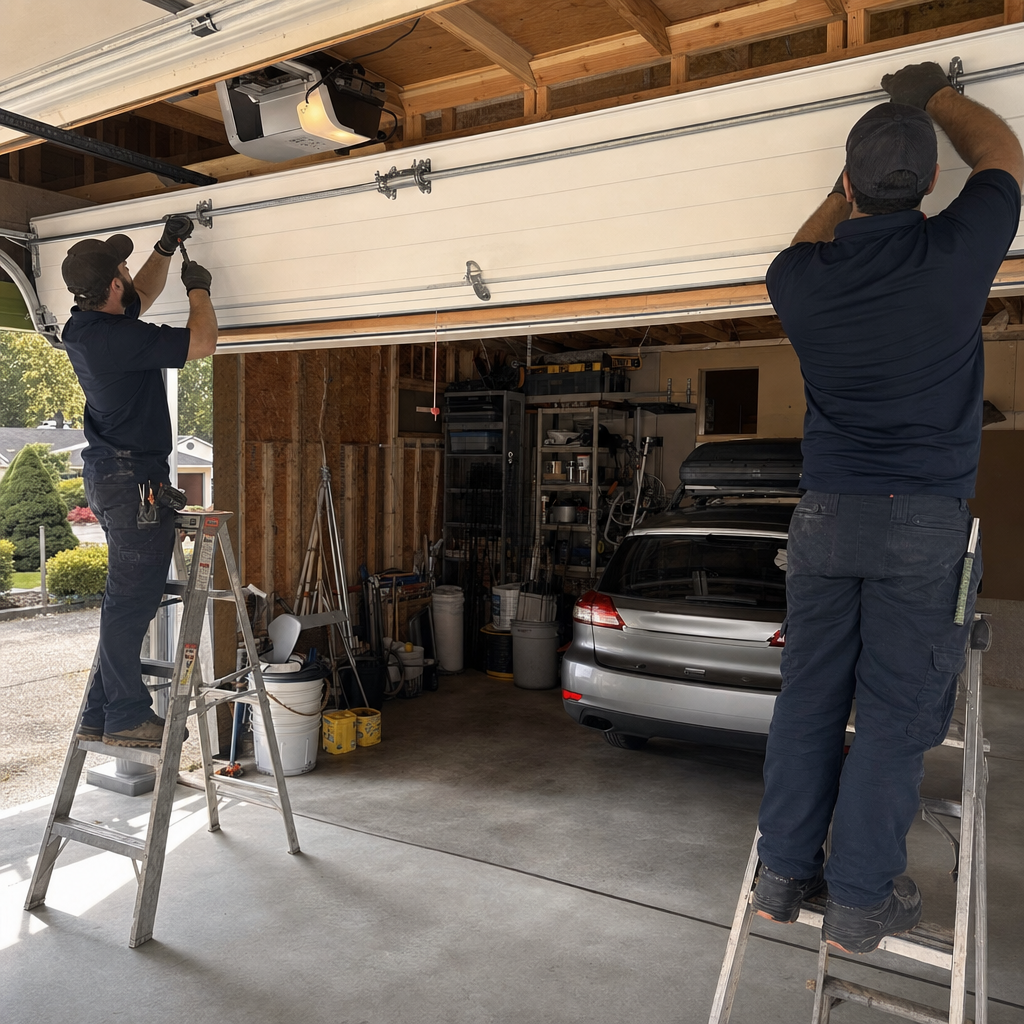 Two professional technicians performing a residential garage door installation