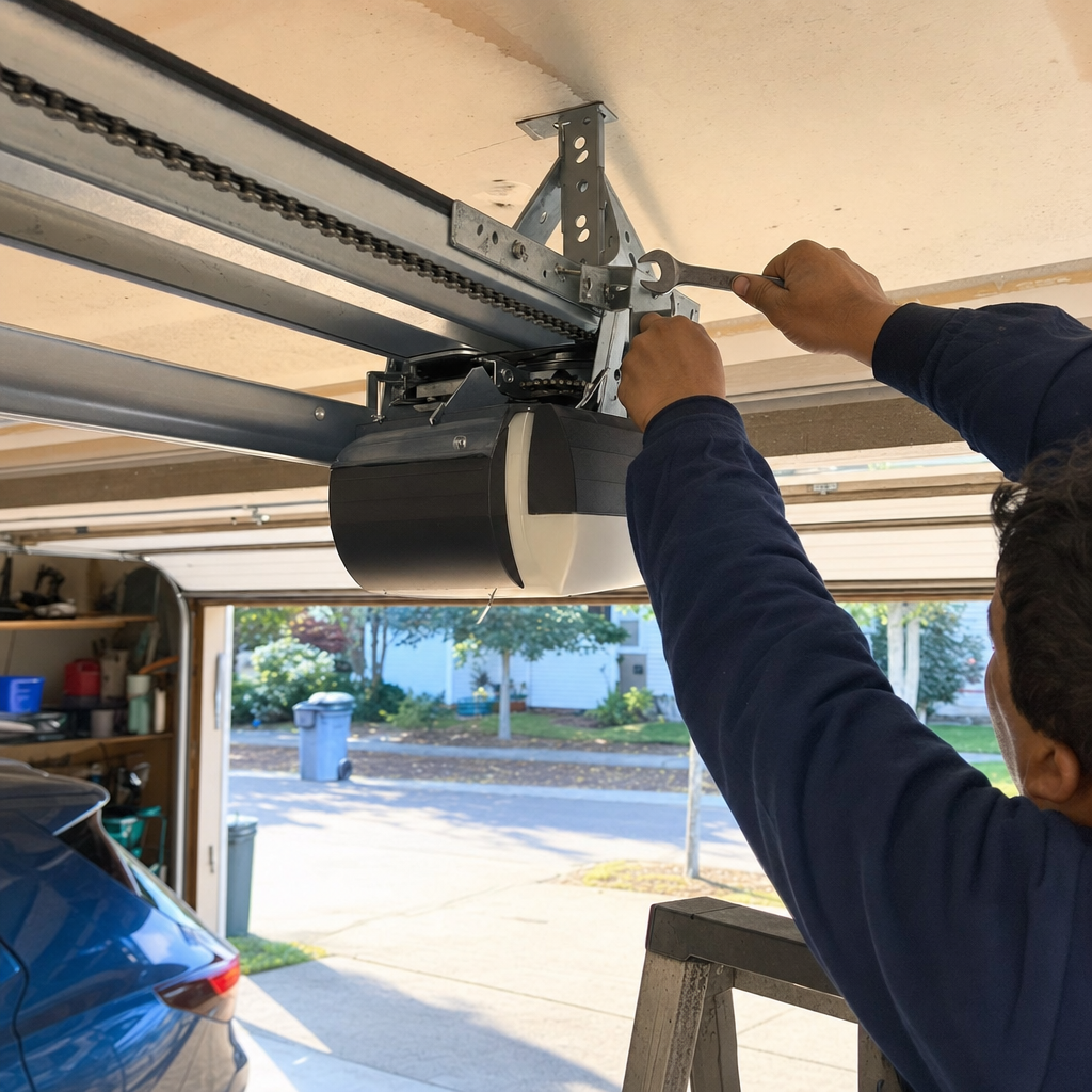 Technician using a wrench to repair a residential garage door opener