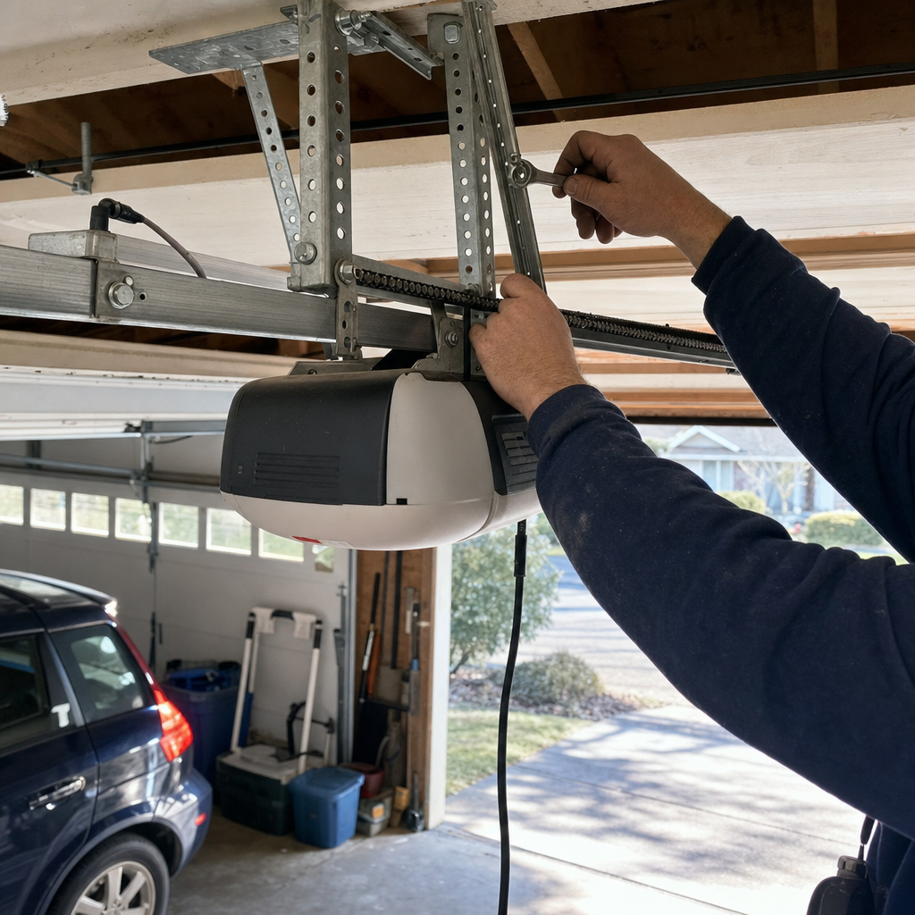 Technician performing garage door opener installation and repair maintenance