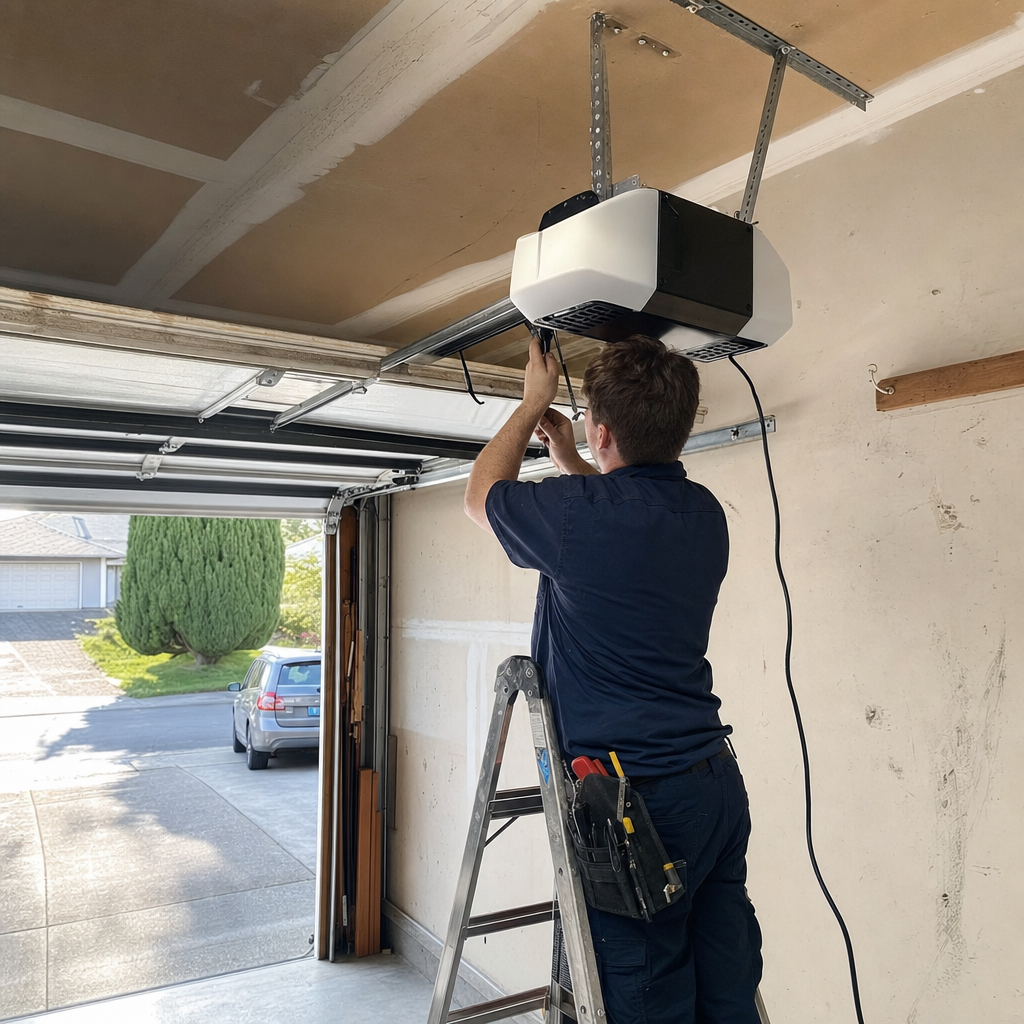 Technician installing a garage door opener motor on a ladder