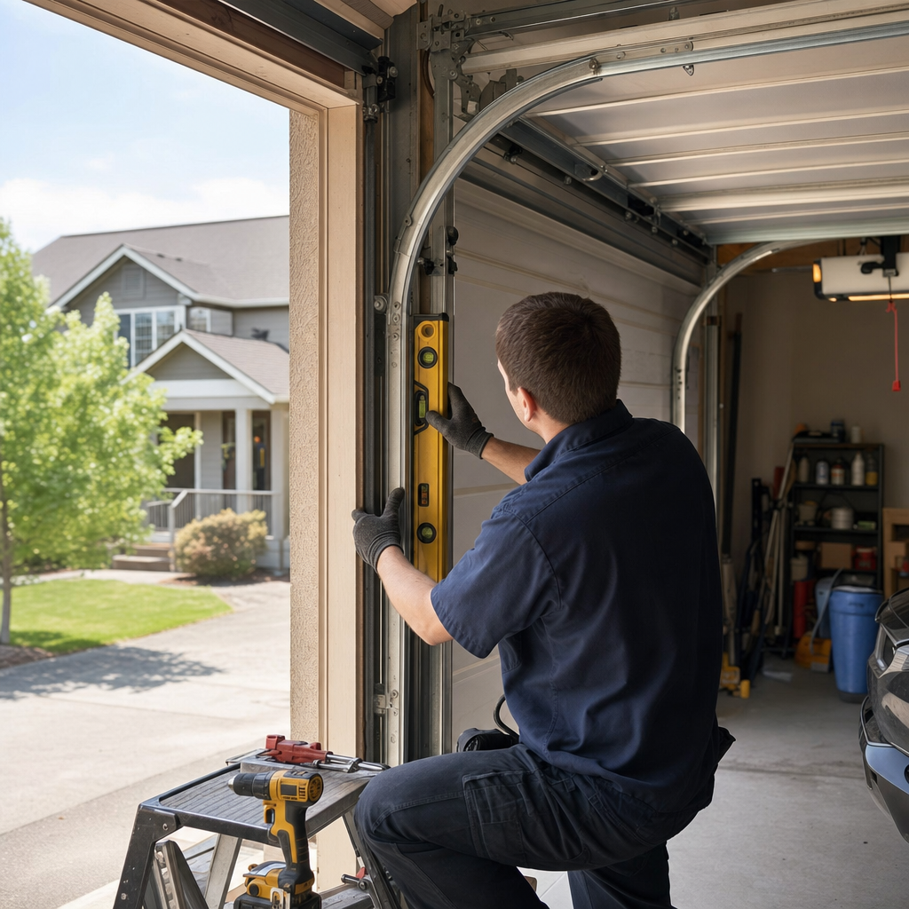 Technician using a level tool to repair garage door track