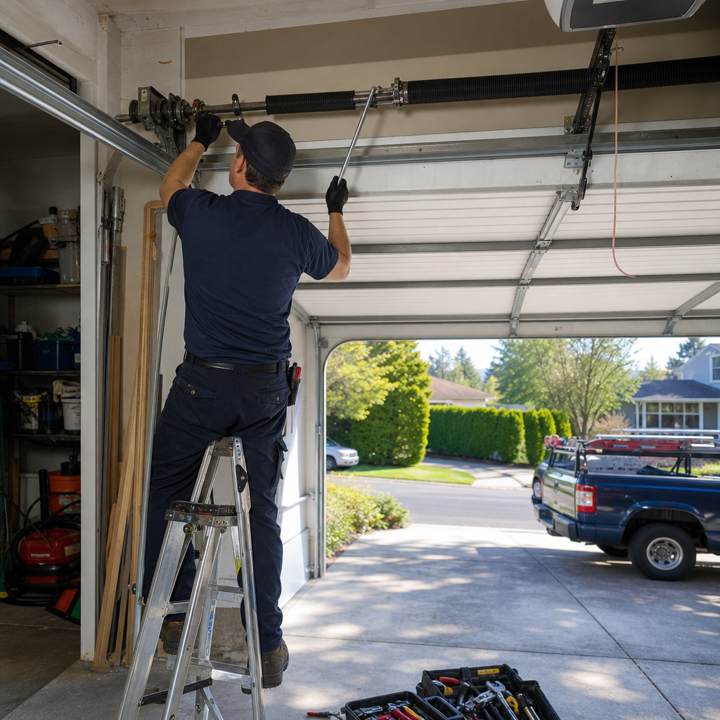 Technician performing professional garage door spring repair and maintenance