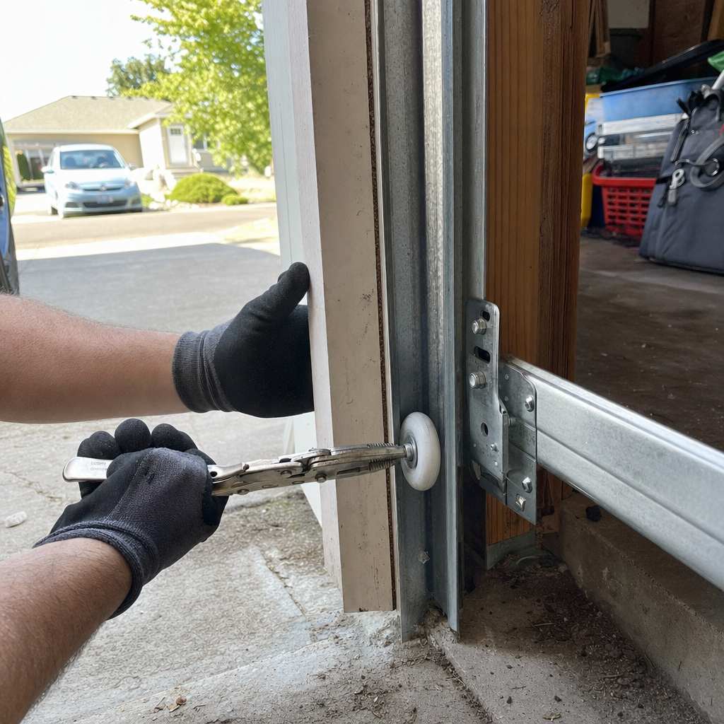 Technician repairing garage door roller and track system